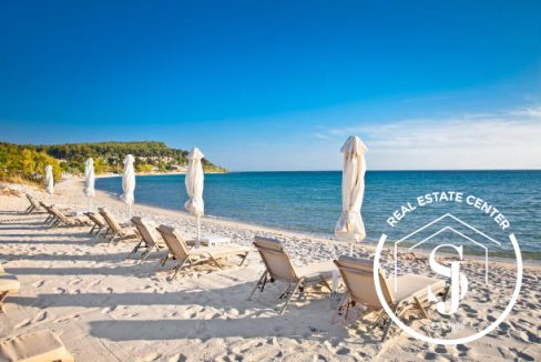 Sani sand beach on Kassandra peninsula, Halkidiki,  Greece.